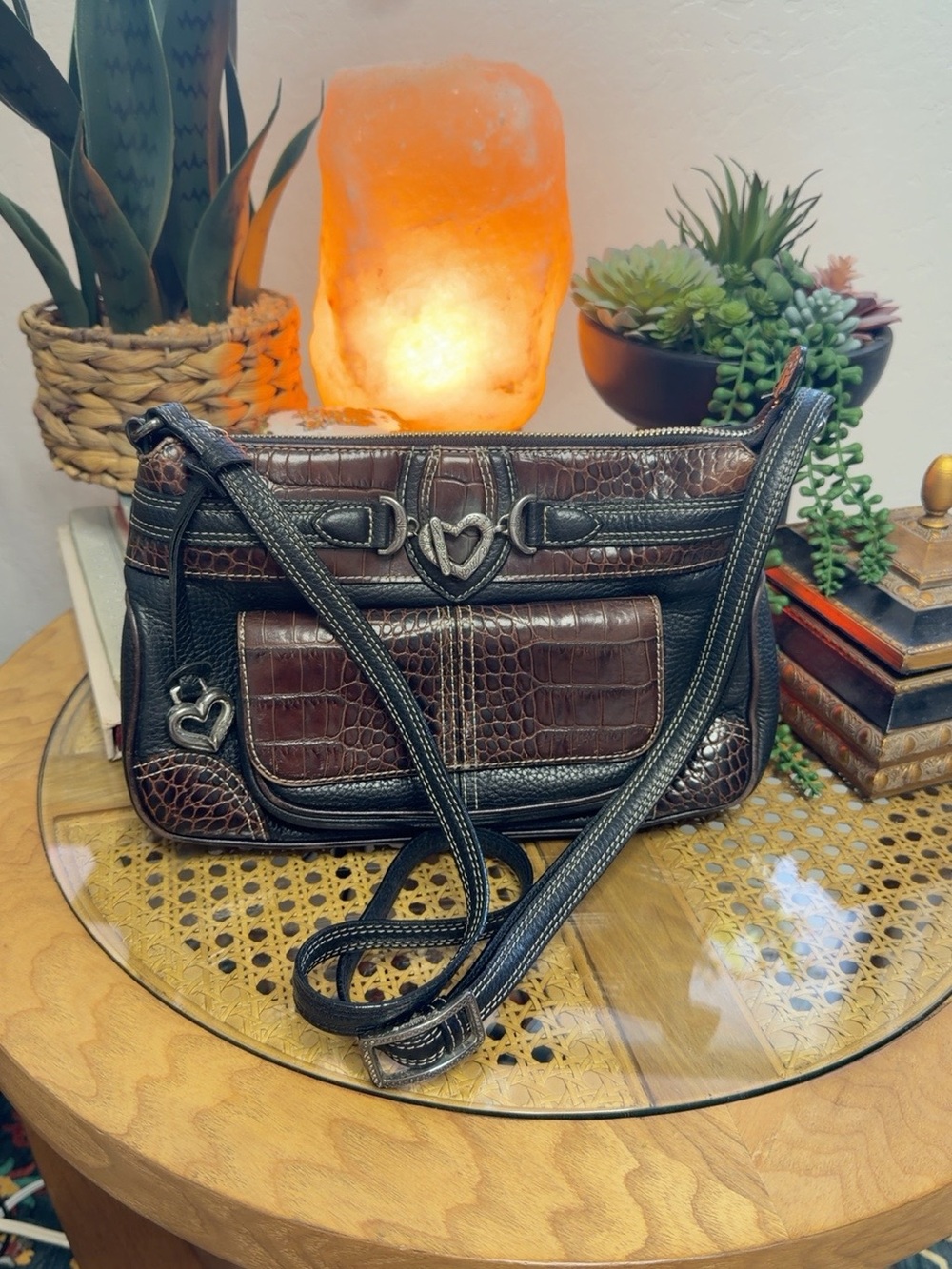 Brighton Black Brown Croc Embossed Leather Organizer Crossbody Bag